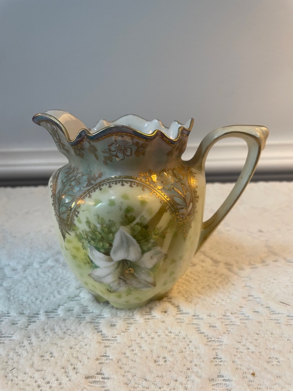 Hand-Painted Floral Porcelain Pitcher-creamer  in Green and Gold vintage